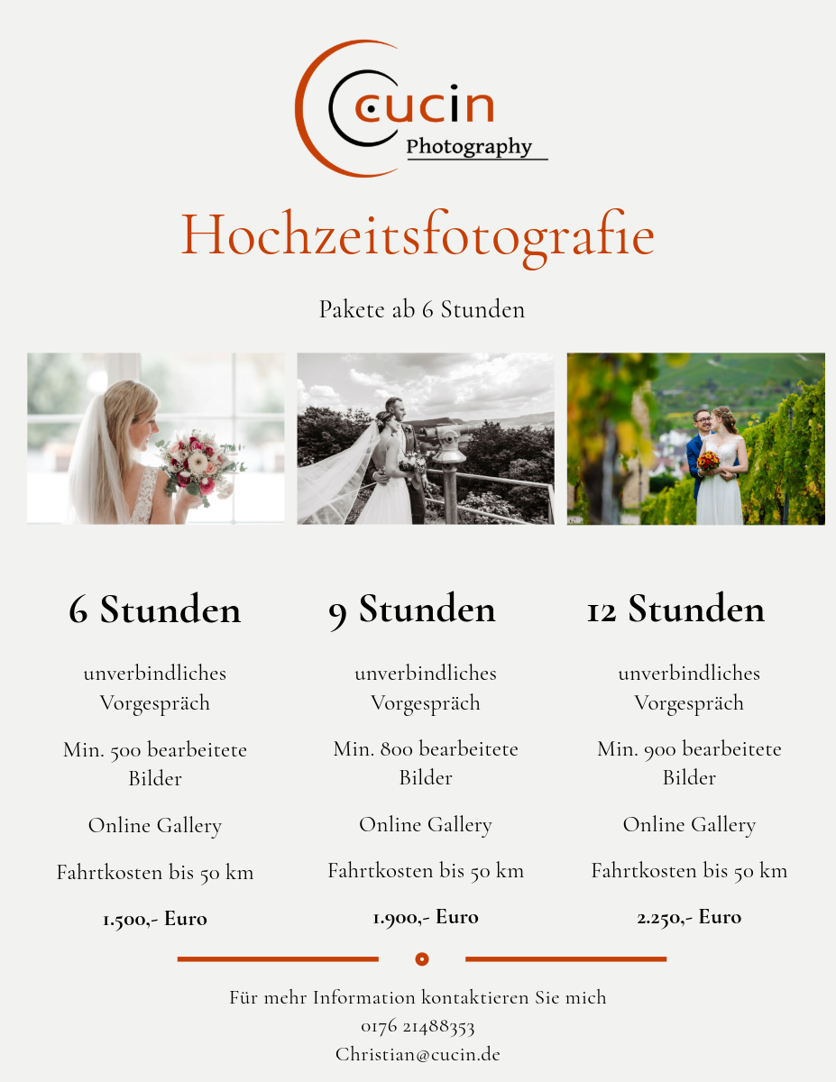 Hochzeitsfotografie Preise - Angebote mit Bildern von verschiedenen Paketen.